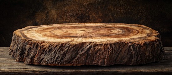 Poster - rustic wood slab showcasing natural rings and texture on a dark wooden table background perfect for 