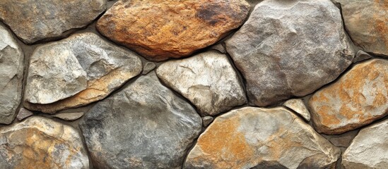 Poster - Natural stone wall texture featuring large, irregularly shaped stones in earthy tones for use in backgrounds and design projects.