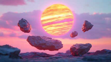 Poster - Neon Surrealism in Sci-Fi Landscapes Floating Rock Formations Under a Glowing Gas Giant - Digital World-Building and Futuristic Design for Creative Industries
