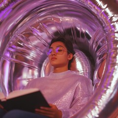 Aufkleber - Futuristic Study Nook East Asian Teen in Iridescent Sweater Reading Holographic Book in Chrome Pod - Tech-Forward Learning and Lifestyle Content for Educational Innovation