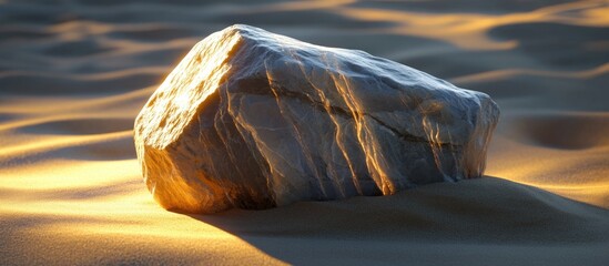 Poster - marble stone resting on sunlit sand surface showcasing natural textures and warm lighting details.