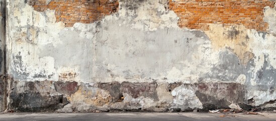 Poster - Panoramic view of weathered brick wall texture with cracked paint and empty area for customizable text or graphics