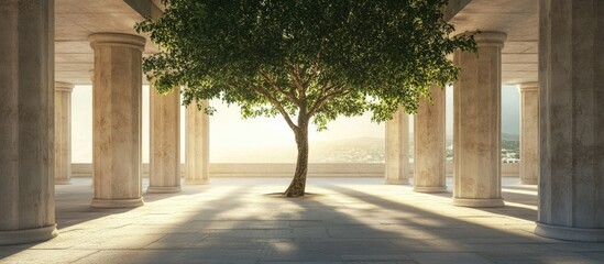 Poster - Serene architectural space with columns and a central tree creating a peaceful atmosphere for text and design elements