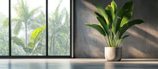 Poster - Large houseplant in minimalist interior with empty frame and natural light creating a serene atmosphere for text placement and design flexibility