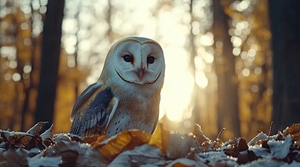 Wall Mural - Barn Owl Flying Through Autumn Forest with Sunset Glow in the Background