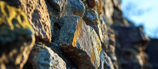 Poster - Mature stone wall texture of an ancient fortress showcasing weathered masonry and rugged surfaces in natural sunlight.