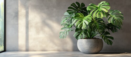 Poster - Large houseplant in minimalist interior with concrete pot and empty frame natural light creating serene and stylish ambiance for design mockup