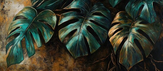 Poster - Monstera Deliciosa leaves thriving on a tree trunk showcasing vibrant green hues and unique split patterns in a natural setting.
