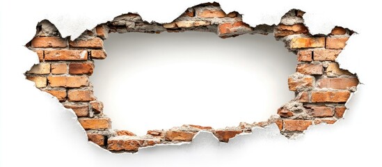 Poster - Brick wall with a large hole isolated on a white background creating a frame for creative design and advertising opportunities