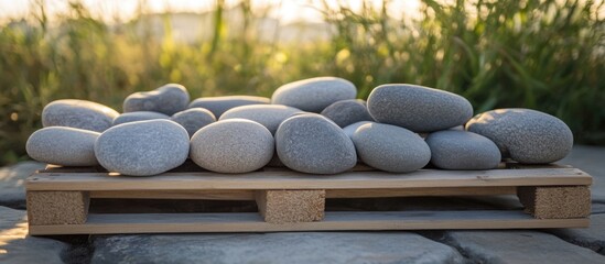 Poster - Gray decorative stones arranged on a wooden pallet for landscape design in a natural outdoor setting.