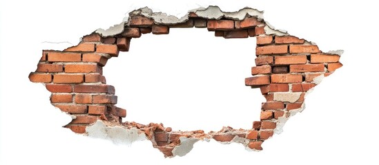 Poster - Large hole in a brick wall with exposed bricks and rough edges on a white background for design and renovation concepts