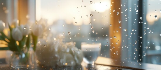 Poster - Raindrops on window glass creating a serene atmosphere with soft flowers and warm light for design inspiration and creative projects.