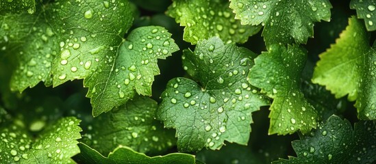 Poster - Close-up of fresh green grape leaves with large water droplets after rain creating a natural and vibrant background image.