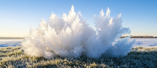 Poster - Majestic crystalline frost formations on grass during a tranquil winter morning against a clear blue sky