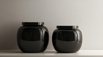 Poster - Elegant Black Glass Jars with Lids on a Minimalist Shelf Against a Soft Neutral Background for Contemporary Home Decor and Stylish Organization