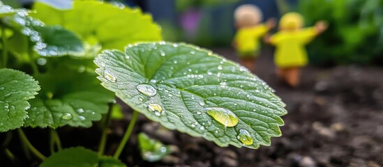 Poster - macro shot of dew drops on a green leaf with a blurred background showcasing a natural setting and v