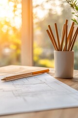 Poster - Sunlit Minimalist Workspace Bamboo Tools and Architectural Blueprints on Pine Desk - Sustainable Design Content for Green Building Innovation and Eco-Friendly Engineering