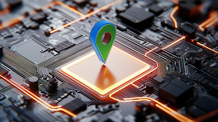 Poster - Geolocation technology enhancements digital circuit illustration virtual environment close-up view innovation in mapping