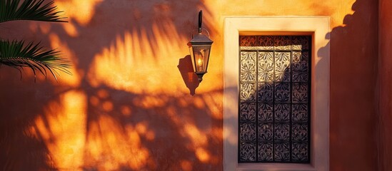 Poster - Lantern casting intricate shadows on vibrant orange concrete wall of a Mediterranean house accentuating architectural details and warm ambiance.