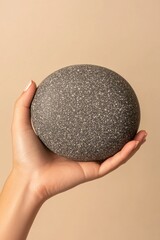 Poster - Minimalist Stress Relief Hand Holding Textured Stress Ball on Neutral Background - Modern Office Wellness and Relaxation Template for Business Interiors
