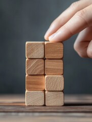 Poster - Contemporary Minimalist Workspace Hands Aligning Wooden Blocks for Strategic Planning - Business Innovation and Team Building in Modern Organizational Growth
