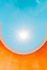Aufkleber - Vibrant Architectural Curvature Sunlit Blue Sky over Golden Stadium Facade - Modern Event Venue Design and Commercial Content Strategy for Mass Entertainment Spaces