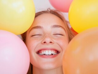 Aufkleber - Joyful Team Synergy Vibrant Balloons and Laughter in Contemporary Office Decor - Enhancing Corporate Wellness and Productivity with Youthful Creativity and Colorful Design Elements