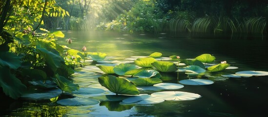 Poster - Tranquil pond adorned with vibrant lotus leaves surrounded by lush greenery and soft sunlight filtering through the trees