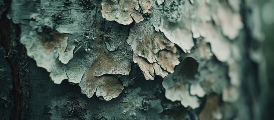 Poster - Close-up of weathered tree bark showcasing intricate textures and muted colors in low light for natural background or artistic use.