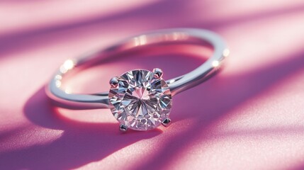 Poster - Elegant diamond ring showcased on a soft pink backdrop with captivating light shadows and reflections enhancing its beauty.