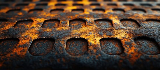 Poster - Rusty iron mesh texture ideal for industrial backgrounds and designs, featuring intricate perforations and a weathered appearance.