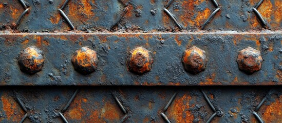 Wall Mural - Rusty iron mesh texture with rivets suitable for backgrounds and design projects showcasing industrial or vintage aesthetics.