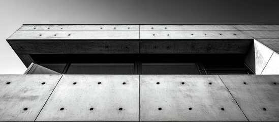 Poster - Modern architectural detail featuring a concrete facade and linear design in black and white photography emphasizing geometric shapes and textures.
