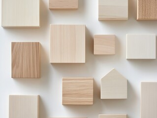 Aufkleber - Natural Wood Minimalism Textured Wooden Blocks and Geometric Arrangements on White - Contemporary Commercial Display for Interior Design and Minimalist Aesthetic Promotion