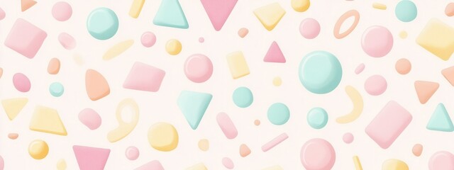 Poster - Pastel Geometric Harmony, a vibrant illustration showcasing an array of circles, squares, and triangles in soothing pastel colors, creating a playful pattern.