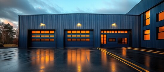 Poster - Modern industrial building with iron blue colorbond exterior and warm glowing windows reflecting on wet pavement at twilight.