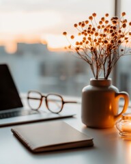 Poster - Warm Minimalist Desk Glasses with Notebook and Brainstorming Vase in Cozy Office - Home Business Style and Remote Work Setup for Inspiring Digital Collaboration