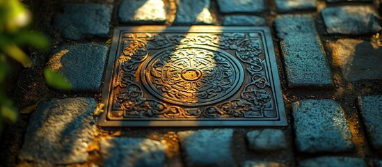 Poster - Iron manhole cover on cobblestone street with intricate design illuminated by sunlight casting shadows and details in urban setting