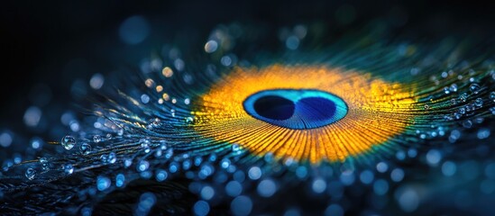 Poster - Iridescent Peacock Feather with Vivid Color Patterns and Textures on Dark Background