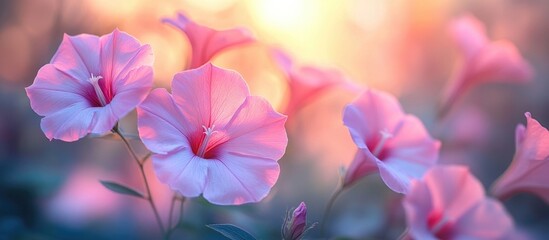 Poster - ipomoea cordatotriloba flowers in bloom during morning light with a soft and dreamy background bokeh
