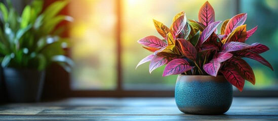 Poster - iresine herbtii red spinach ornamental plant in decorative pot enhancing interior space with vibrant