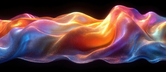 Poster - Iridescent holographic fabric with vibrant blue, red, green, and yellow colors flowing in smooth waves against a black background.