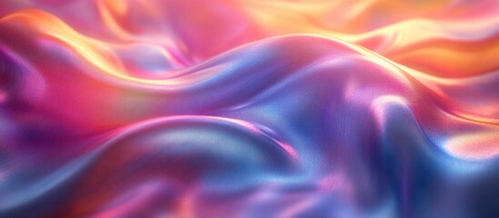 Poster - Iridescent holographic fabric with vibrant blue, red, green, and yellow hues creating a mesmerizing colorful wave effect.