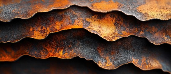 Poster - rusty textured layers of iron with vibrant orange and black tones in an abstract macro composition s