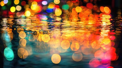 Poster - Iridescent water waves creating colorful bokeh reflections with vibrant lights shimmering on the surface for artistic background use
