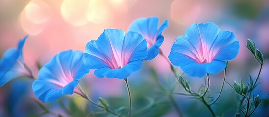 Poster - ipomoea cordatotriloba flowers blooming softly in the morning light with a dreamy blurred background