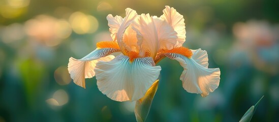 Poster - delicate iris flowers in soft sunset light with gray green leaves creating a beautiful garden scene 