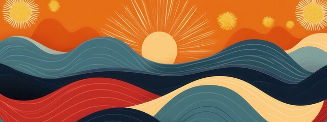 Poster - Abstract wave and sunburst pattern, vibrant colors, dynamic shapes, seamless design, ideal for modern decor and textiles
