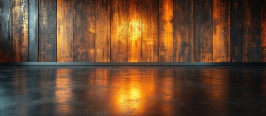 Poster - Metal floor interior with wooden wall backdrop reflecting warm tones and textures for modern space or industrial design projects.