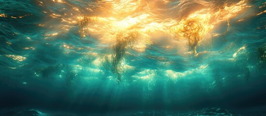 Poster - Seamless underwater pattern of floating sargassum reflecting sunlight on ocean surface ideal for fabric or digital backgrounds.